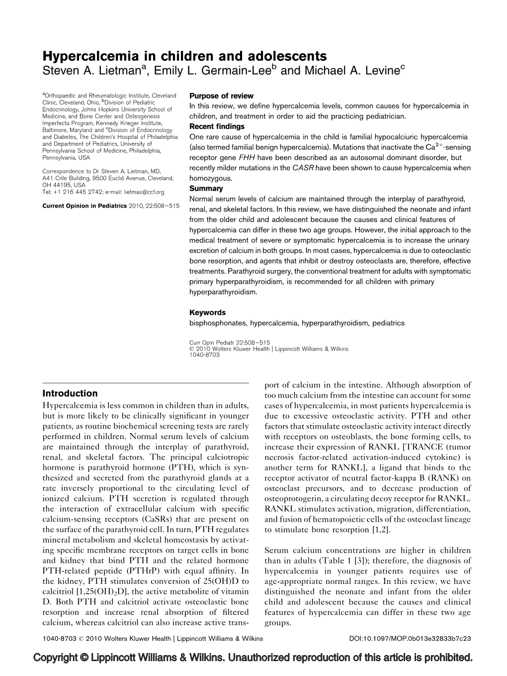 Hypercalcemia in Children and Adolescents Steven A