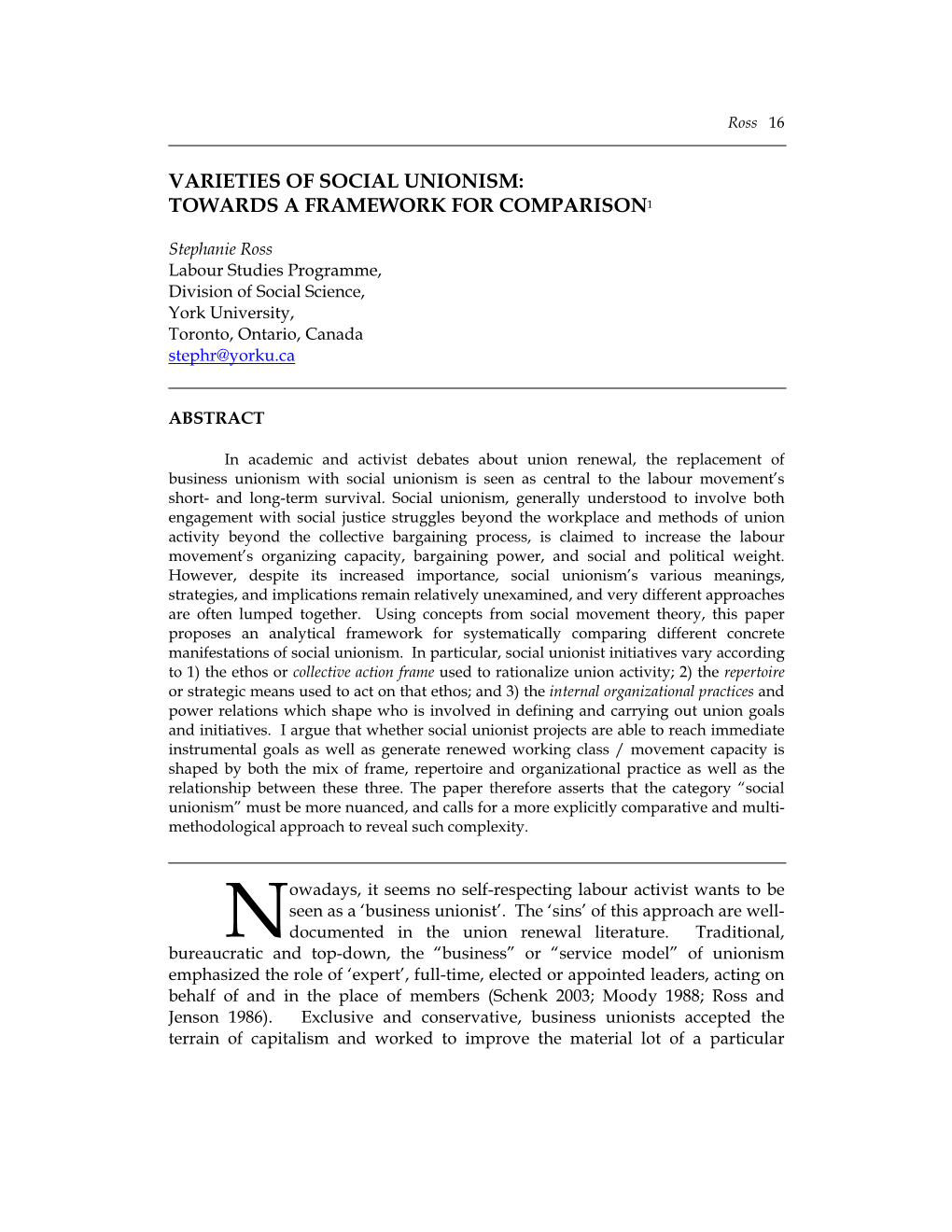 Varieties of Social Unionism: Towards a Framework for Comparison1