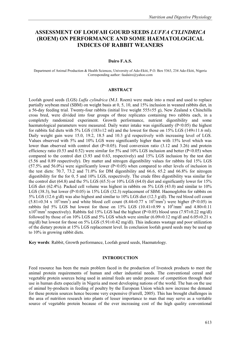 Assessment of Loofah Gourd Seeds Luffa Cylindrica (Roem) on Performance and Some Haematological Indices of Rabbit Weaners