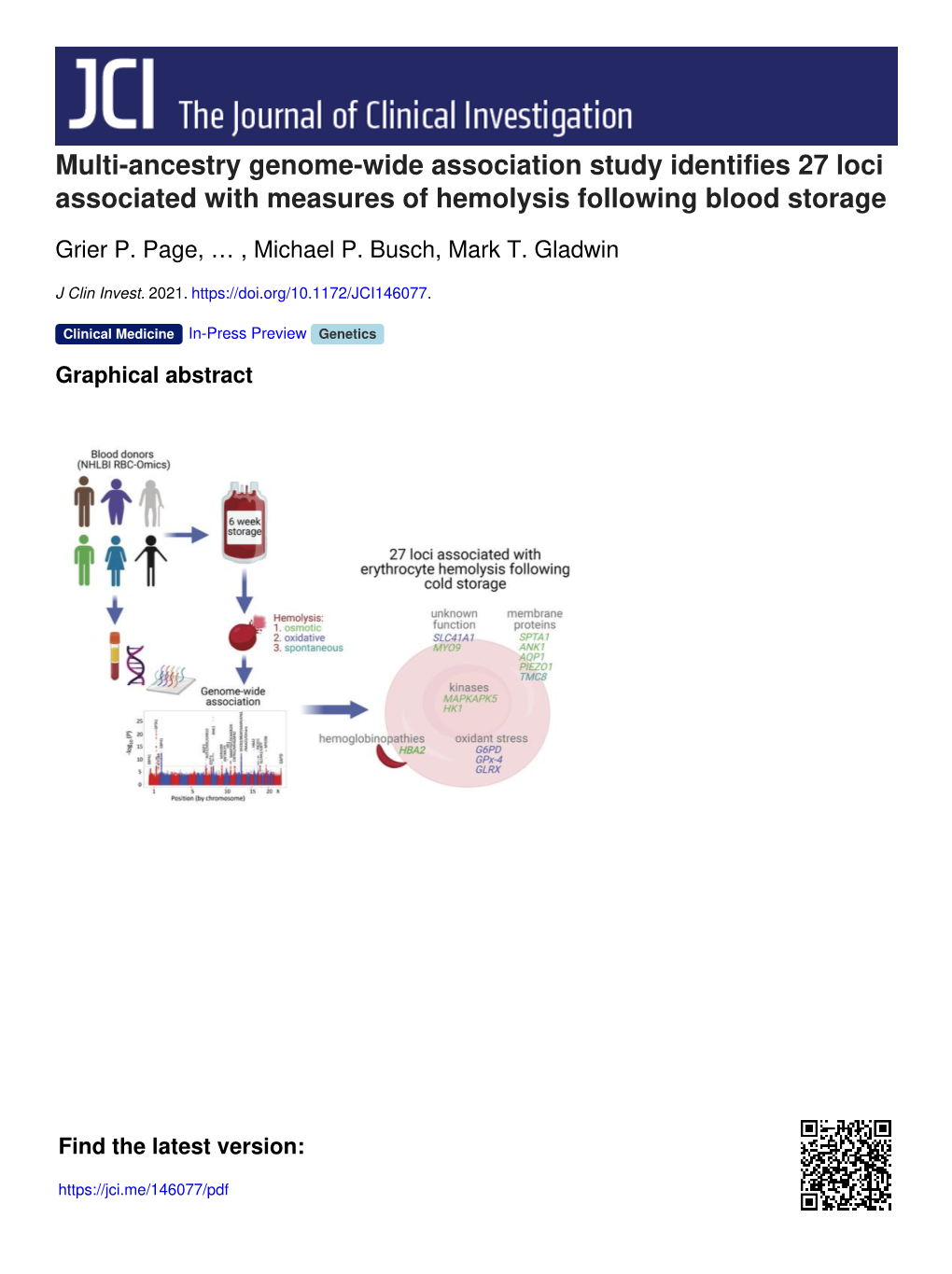 Multi-Ancestry Genome-Wide Association Study Identifies 27 Loci Associated with Measures of Hemolysis Following Blood Storage