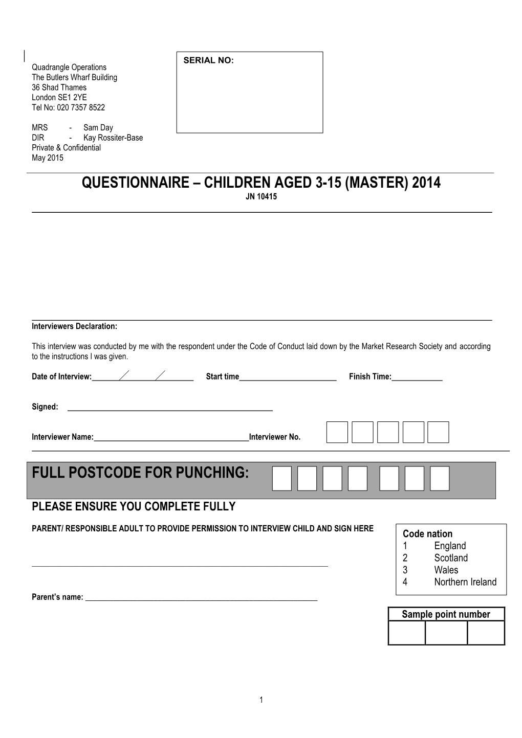 Questionnaire – Children Aged 3-15 (Master) 2014 Jn 10415