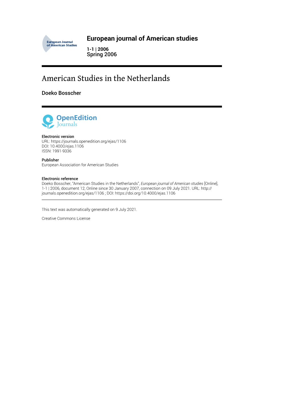 European Journal of American Studies, 1-1 | 2006 American Studies in the Netherlands 2