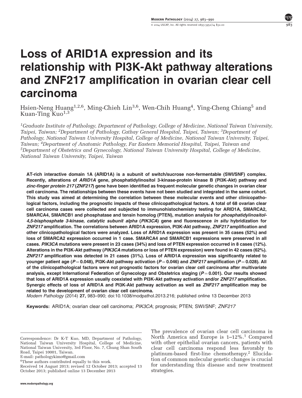 Loss of ARID1A Expression and Its Relationship with PI3K-Akt Pathway