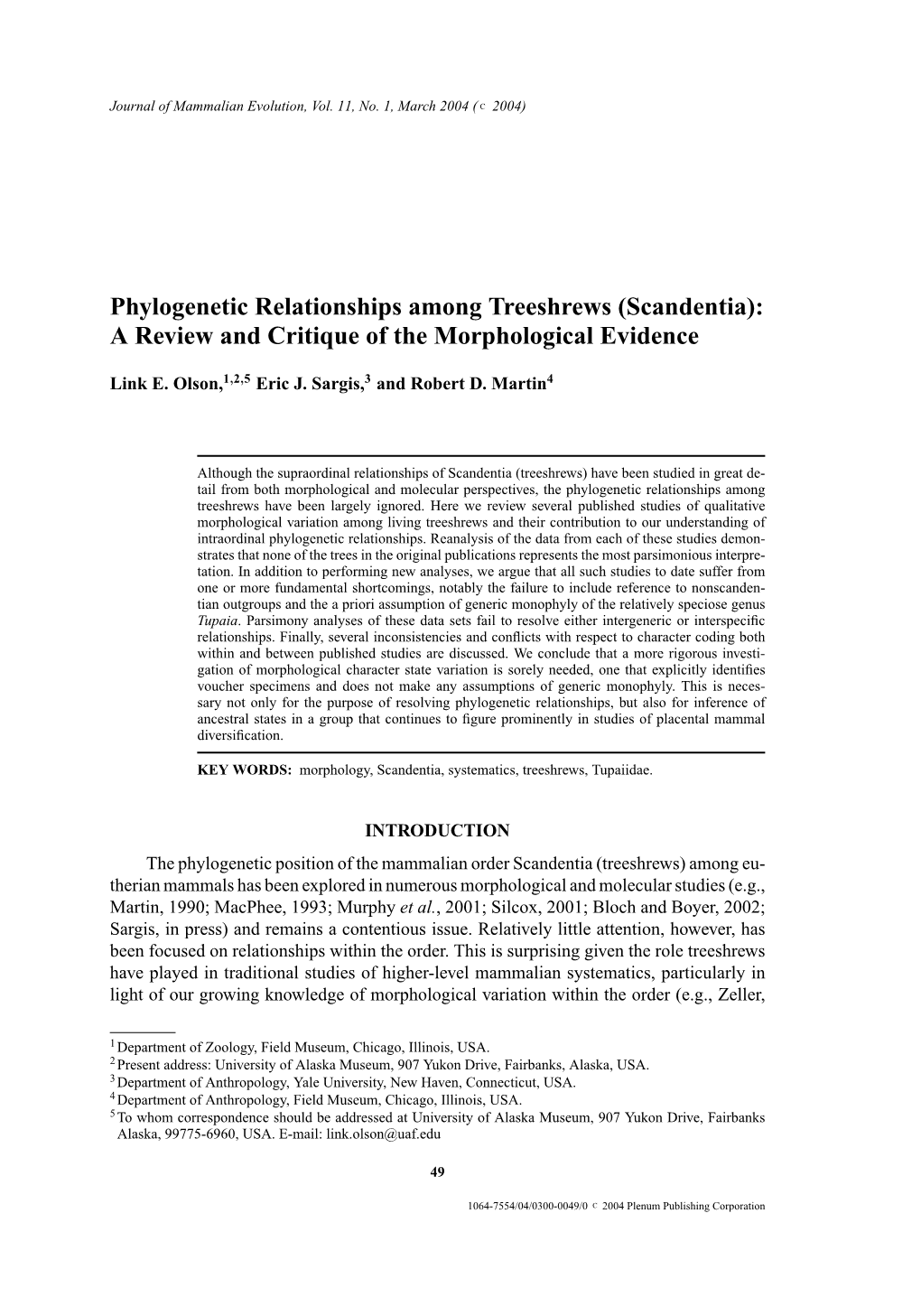 Phylogenetic Relationships Among Treeshrews (Scandentia): a Review and Critique of the Morphological Evidence
