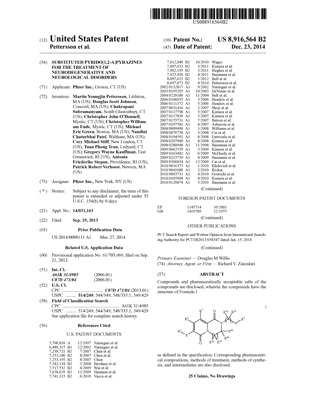 (12) United States Patent (10) Patent No.: US 8,916,564 B2 Pettersson Et Al