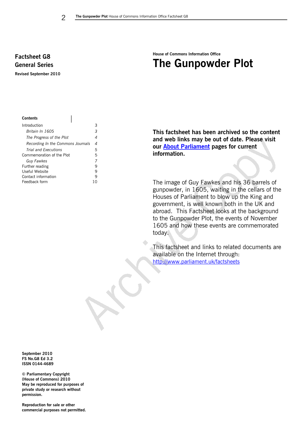 The Gunpowder Plot House of Commons Information Office Factsheet G8