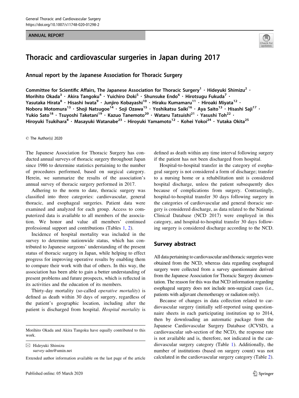 Thoracic and Cardiovascular Surgeries in Japan During 2017