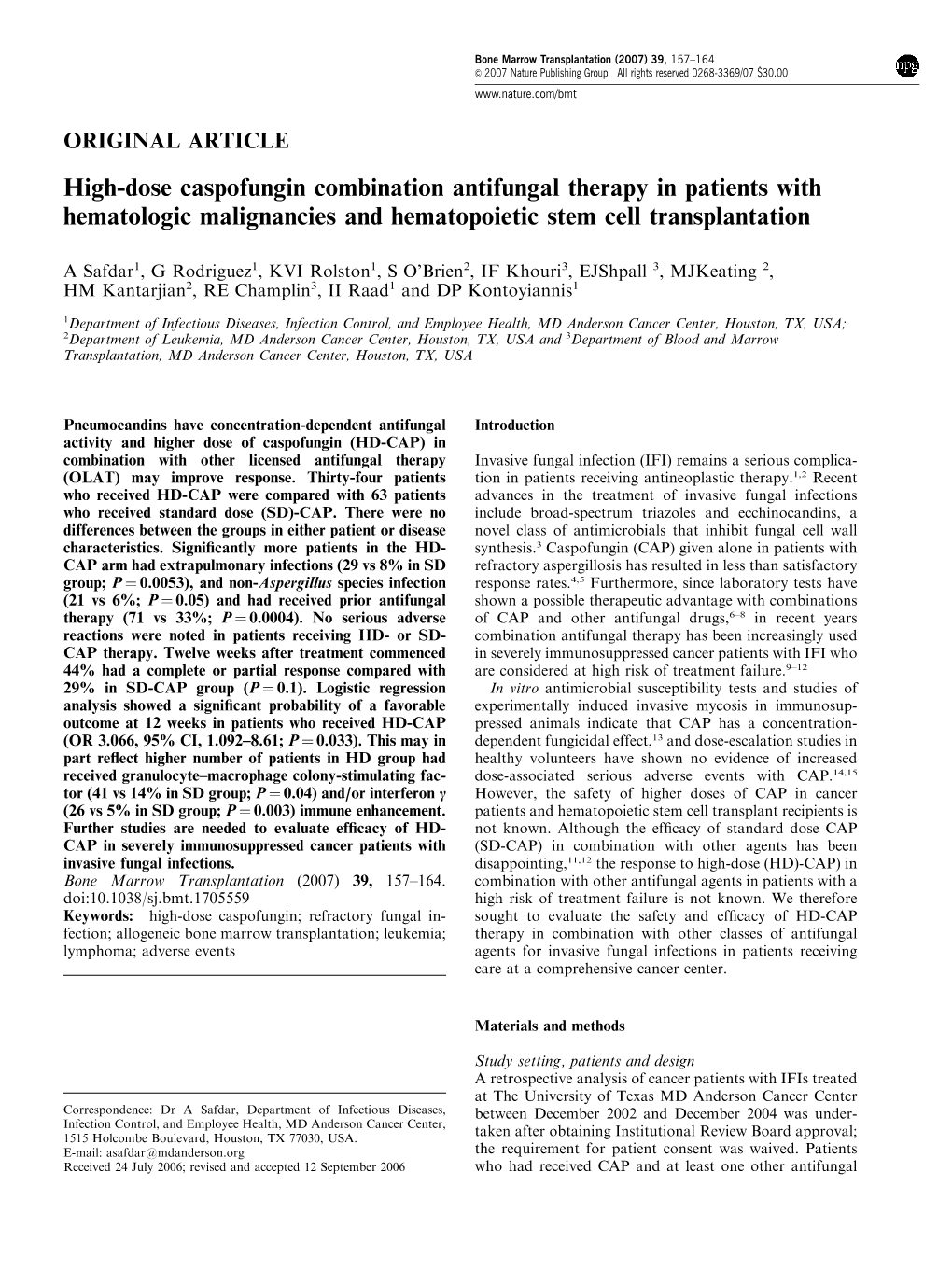 High-Dose Caspofungin Combination Antifungal Therapy in Patients with Hematologic Malignancies and Hematopoietic Stem Cell Transplantation