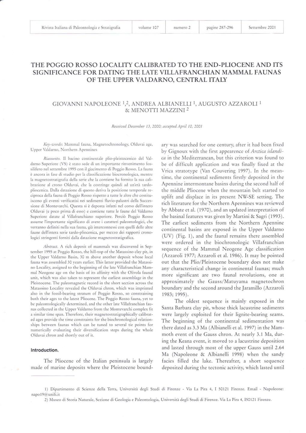 Significance for Dating the Late Villafranchian Mammal Faunas of the Upper Valdarno, Central Italy