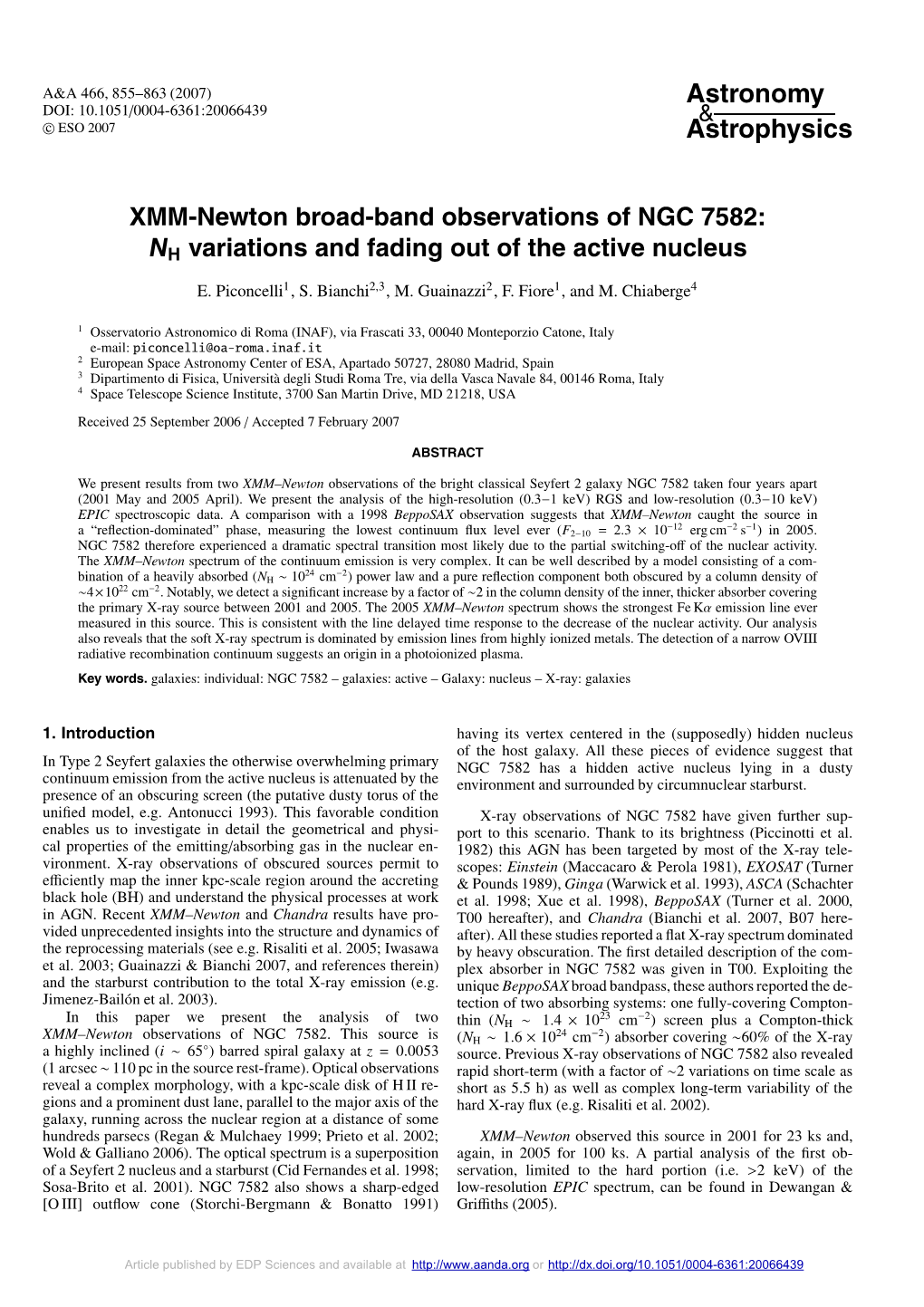 XMM-Newton Broad-Band Observations of NGC 7582: NH Variations and Fading out of the Active Nucleus