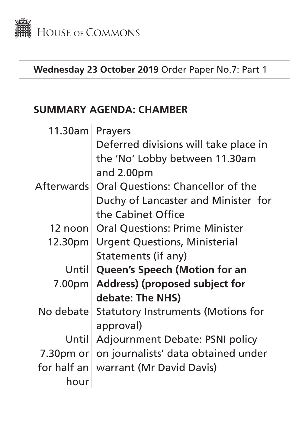 Order Paper for Wed 23 Oct 2019