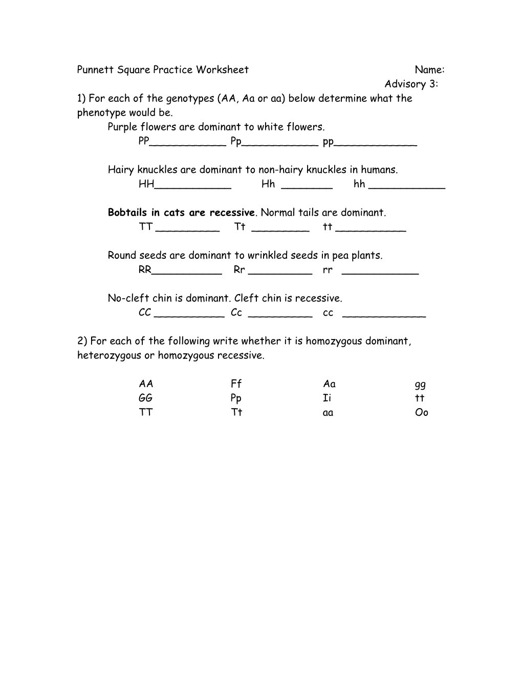 Punnett Square Practice Worksheet