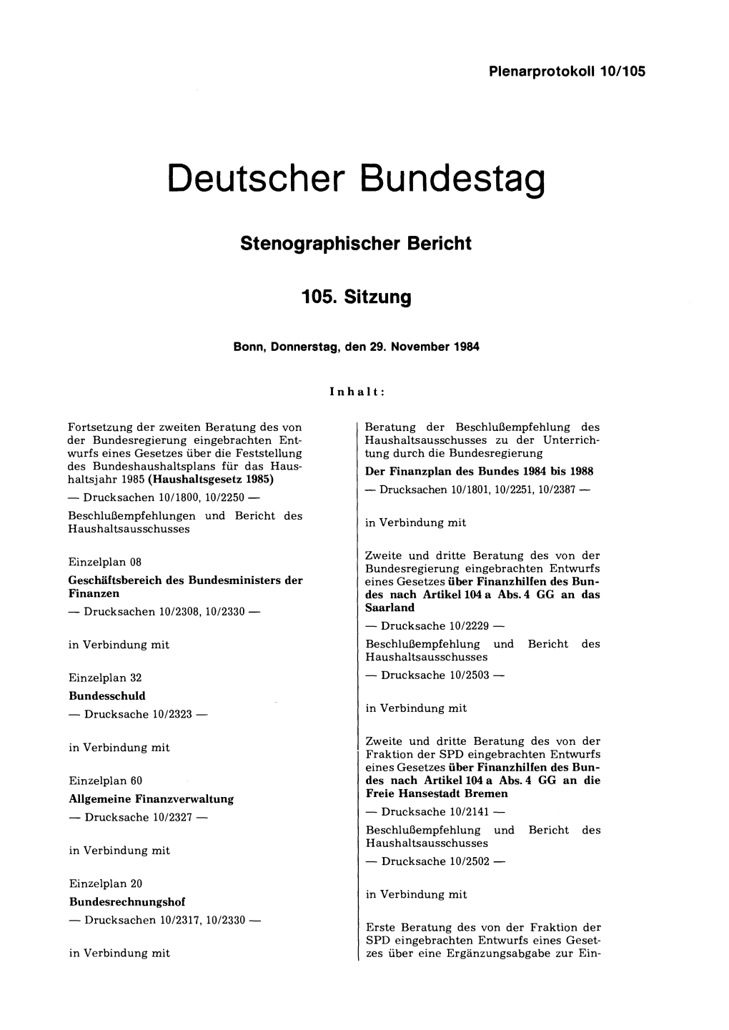 Deutscher Bundestag Stenographischer Bericht 105