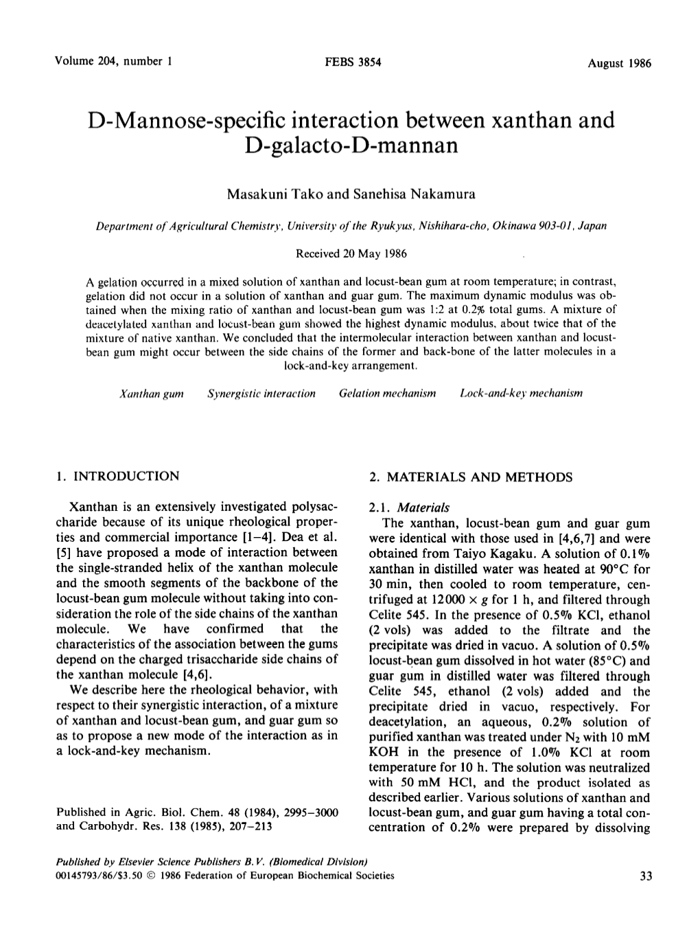 D-Mannose-Specific Interaction Between Xanthan and D-Galacto-D-Mannan