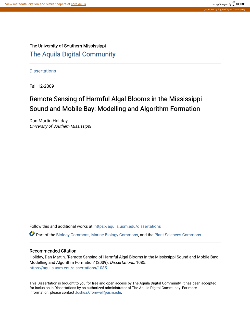 Remote Sensing of Harmful Algal Blooms in the Mississippi Sound and Mobile Bay: Modelling and Algorithm Formation