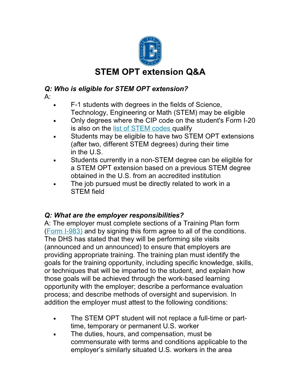 Q: Who Iseligible for STEM Optextension?