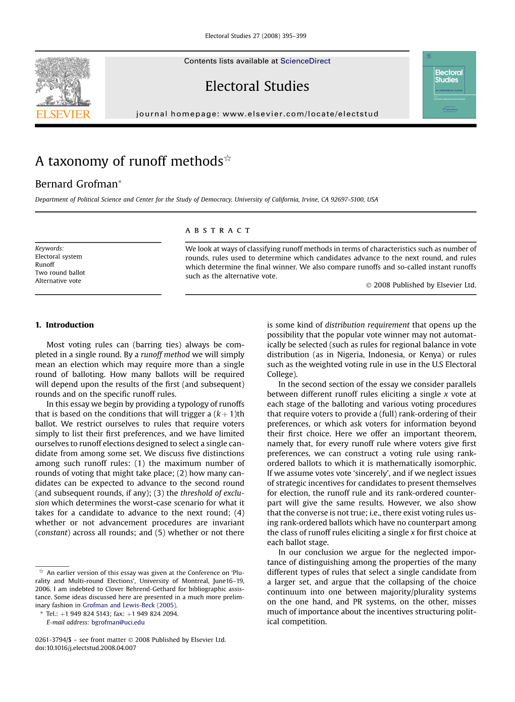 A Taxonomy of Runoff Methodsq Electoral Studies