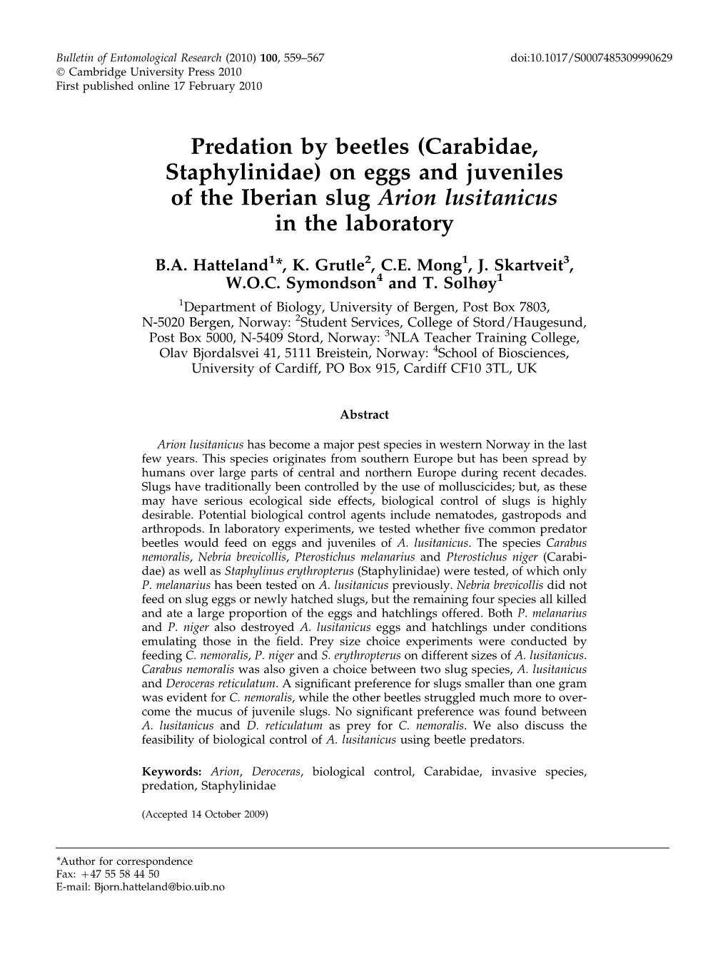 Predation by Beetles (Carabidae, Staphylinidae) on Eggs and Juveniles of the Iberian Slug Arion Lusitanicus in the Laboratory