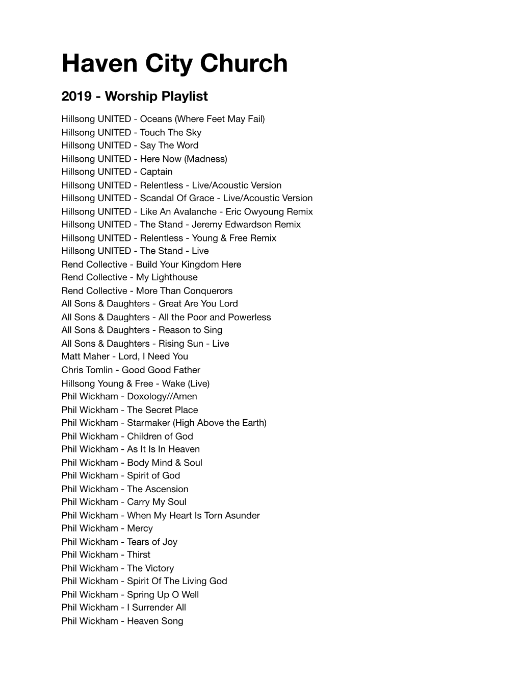 HCC 2019 Worship Playlist