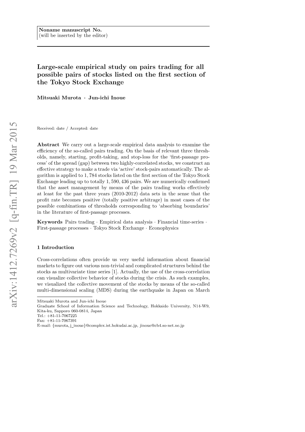 Arxiv:1412.7269V2 [Q-Fin.TR] 19 Mar 2015 Keywords Processes