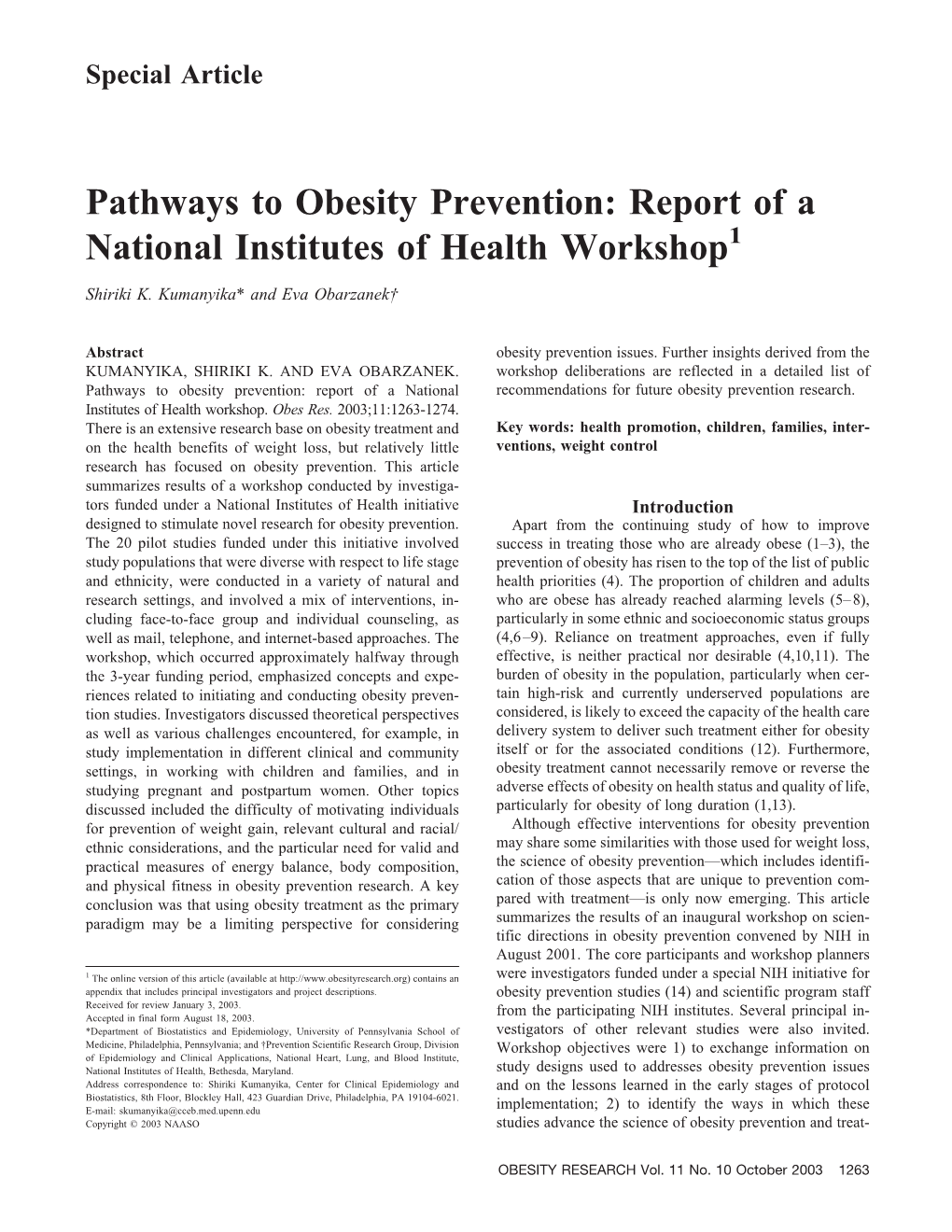 Pathways to Obesity Prevention: Report of a National Institutes of Health Workshop1