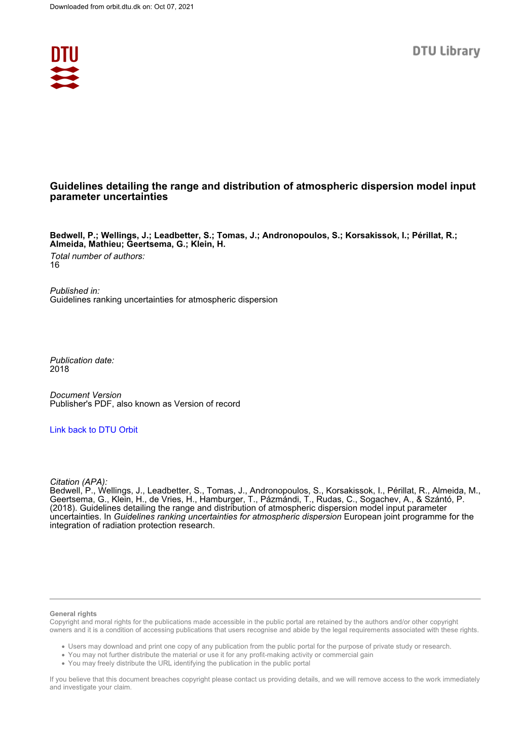 Guidelines Detailing the Range and Distribution of Atmospheric Dispersion Model Input Parameter Uncertainties