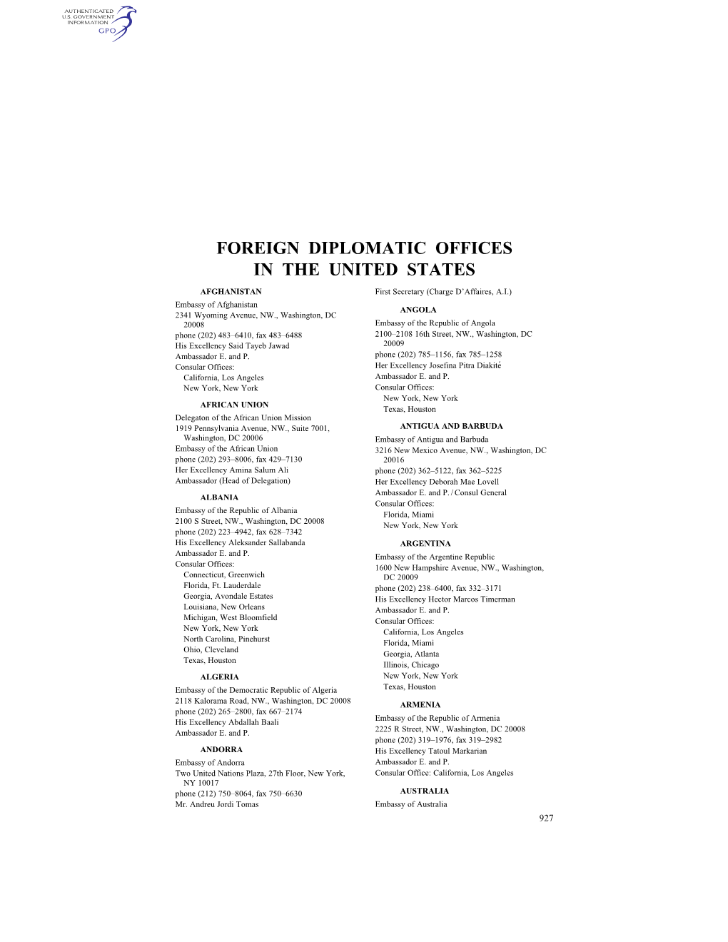 Foreign Diplomatic Offices in the United States