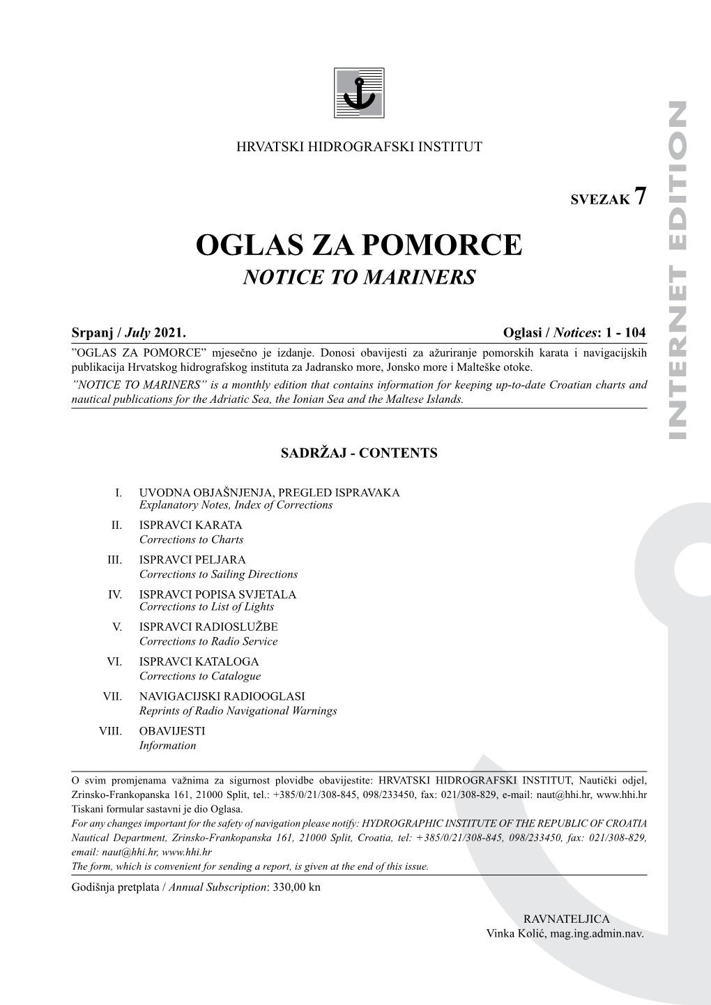 Oglas Za Pomorce Notice to Mariners