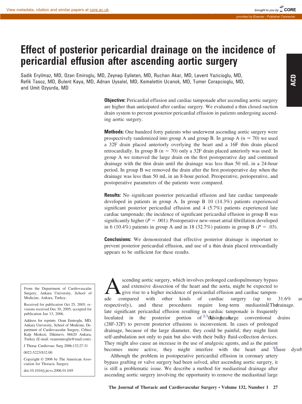 Effect of Posterior Pericardial Drainage on the Incidence of Pericardial Effusion After Ascending Aortic Surgery