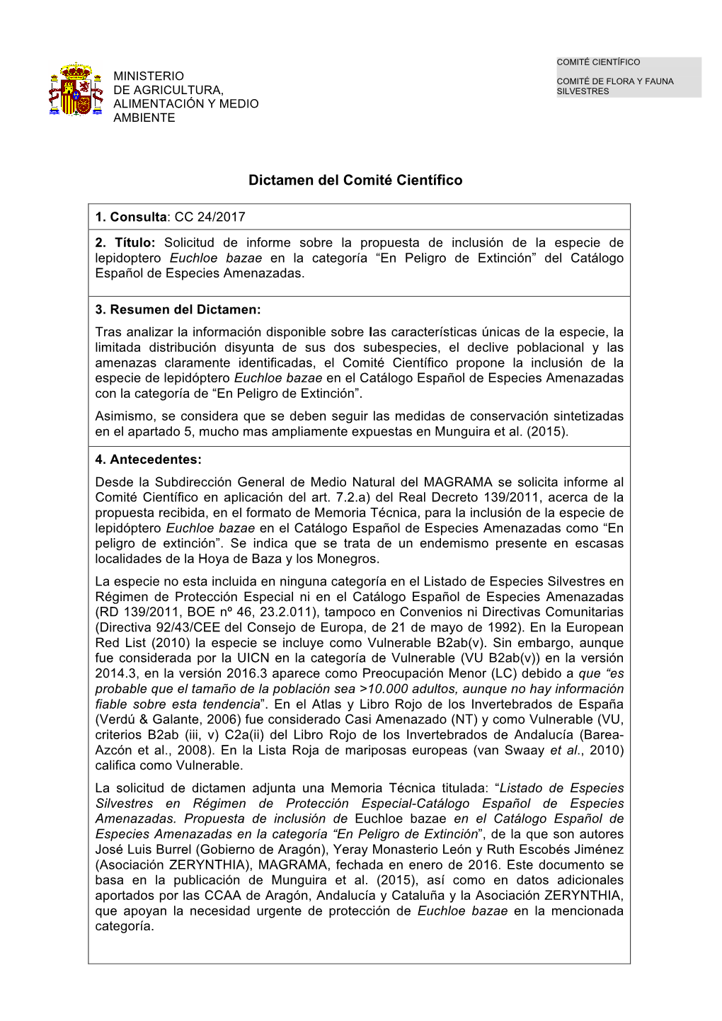 Euchloe Bazae En La Categoría “En Peligro De Extinción” Del Catálogo Español De Especies Amenazadas