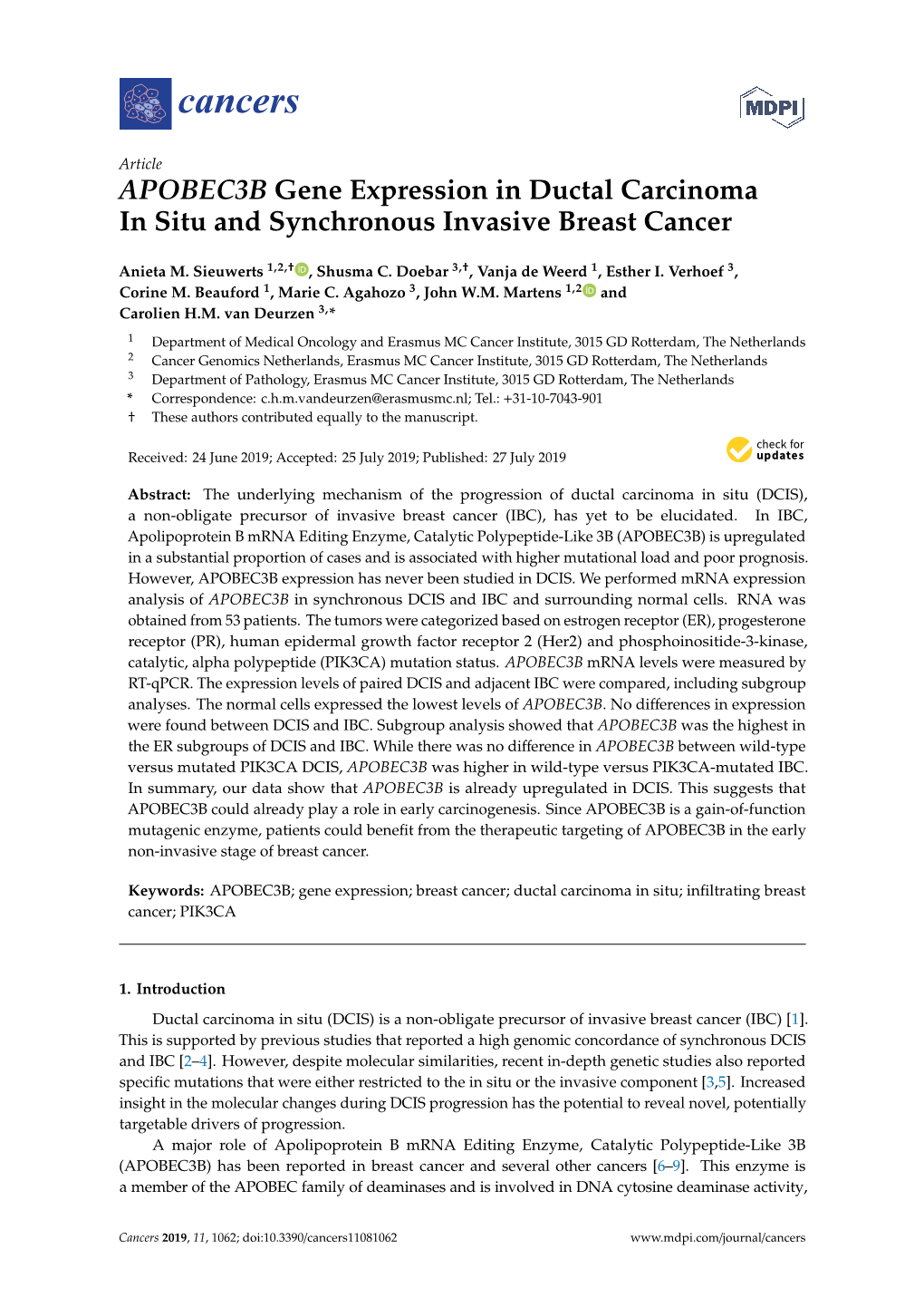 APOBEC3B Gene Expression in Ductal Carcinoma in Situ and Synchronous Invasive Breast Cancer