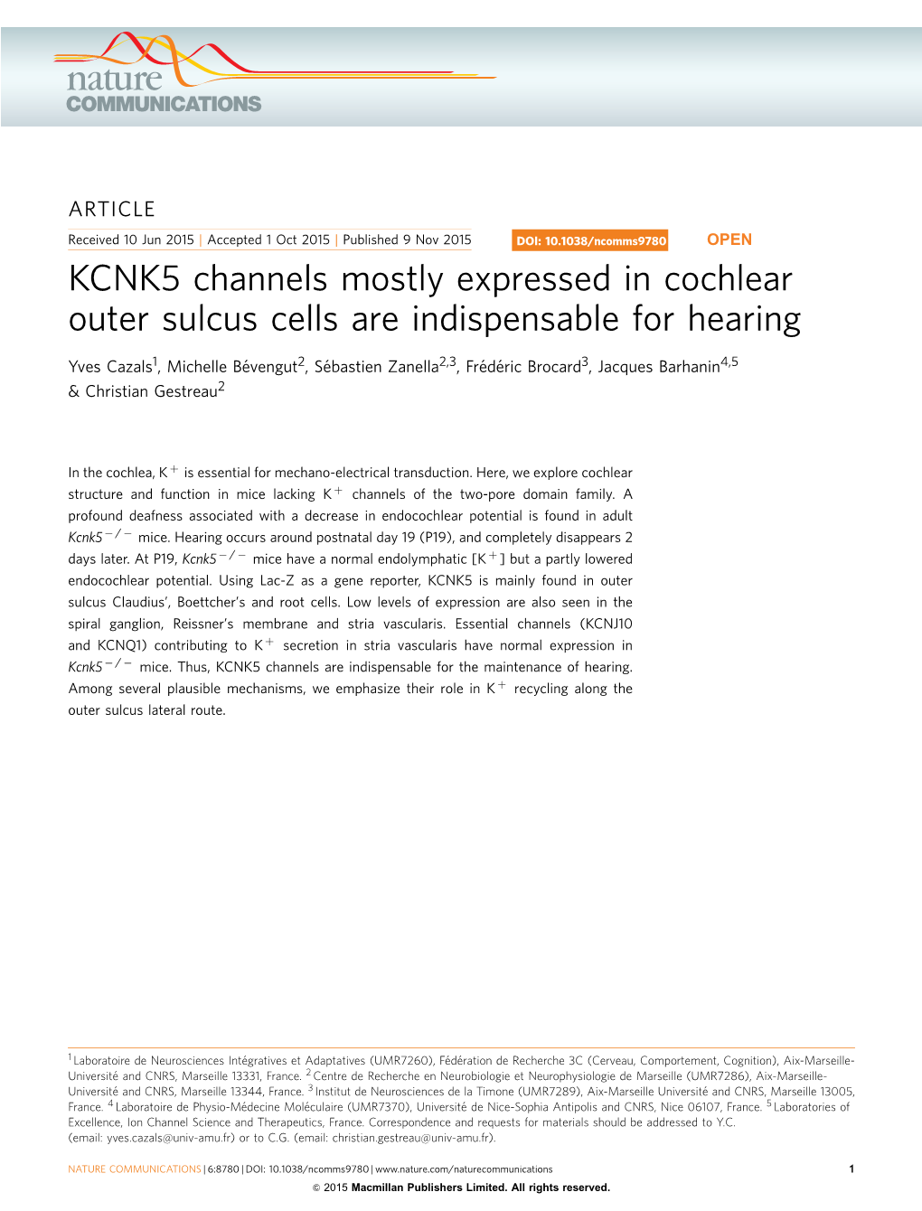 KCNK5 Channels Mostly Expressed in Cochlear Outer Sulcus Cells Are Indispensable for Hearing