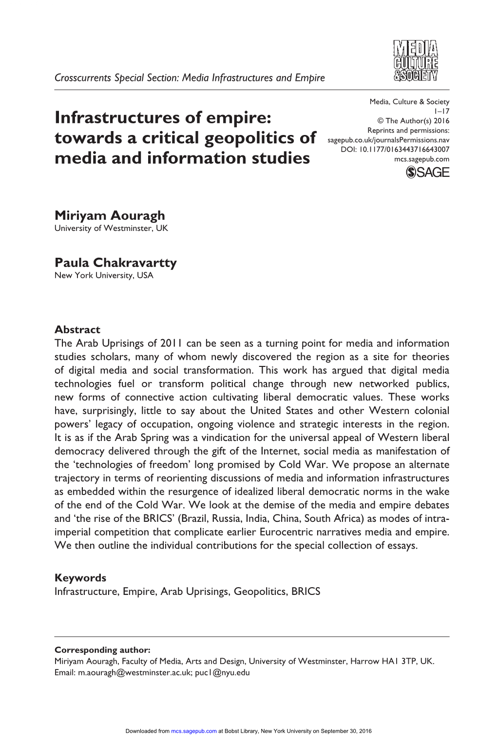 Infrastructures of Empire: Towards a Critical Geopolitics of Media And