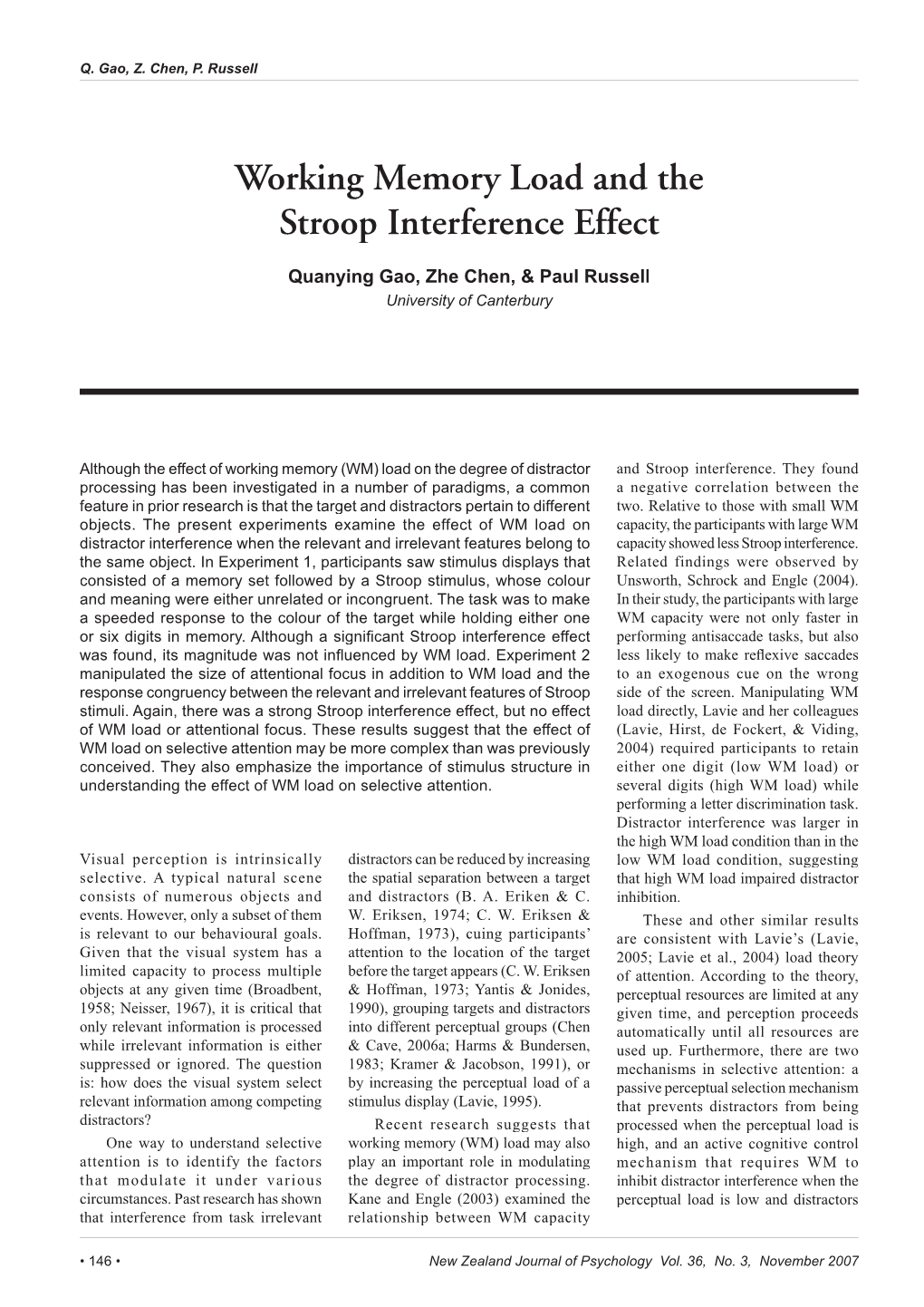 Working Memory Load and the Stroop Interference Effect