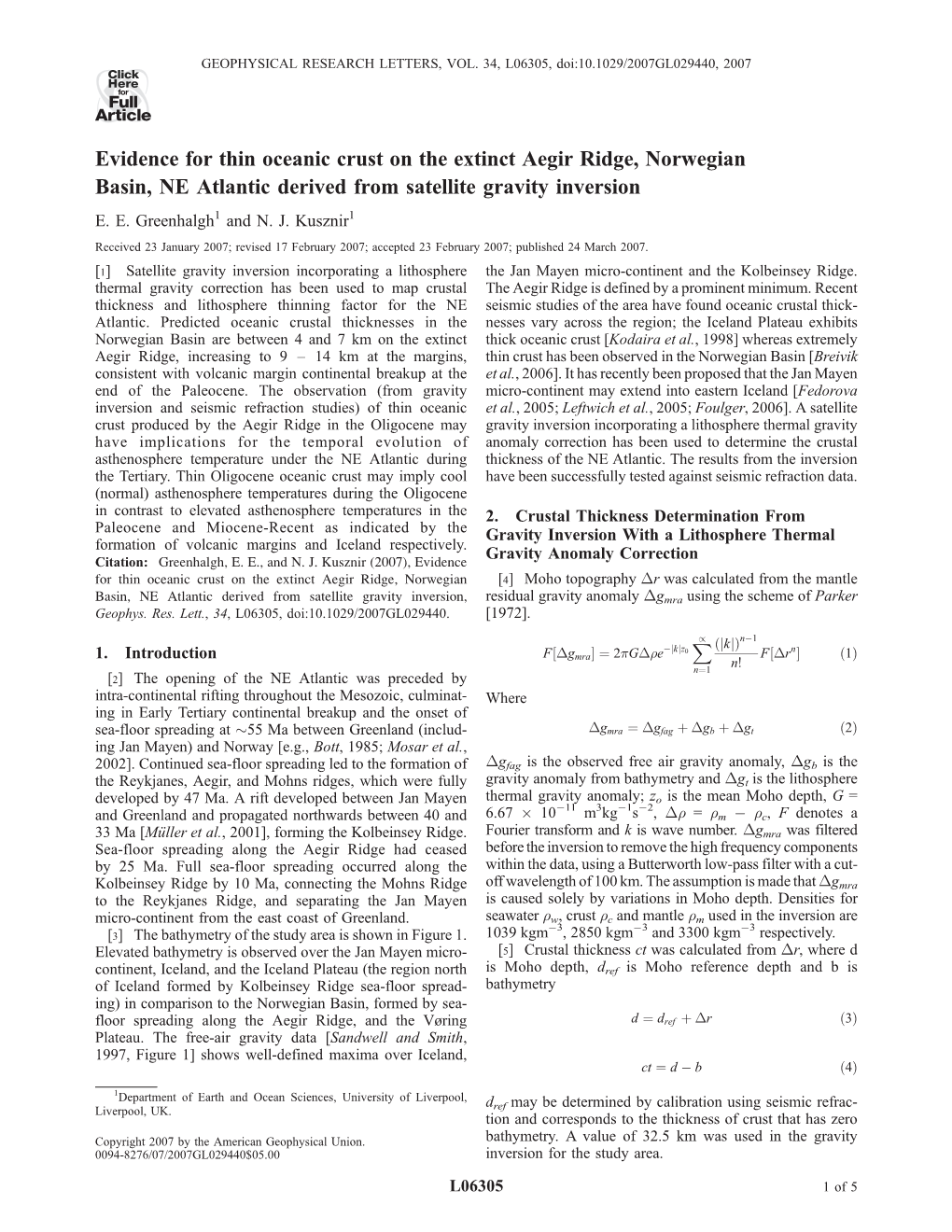 Evidence for Thin Oceanic Crust on the Extinct Aegir Ridge, Norwegian Basin, NE Atlantic Derived from Satellite Gravity Inversion E