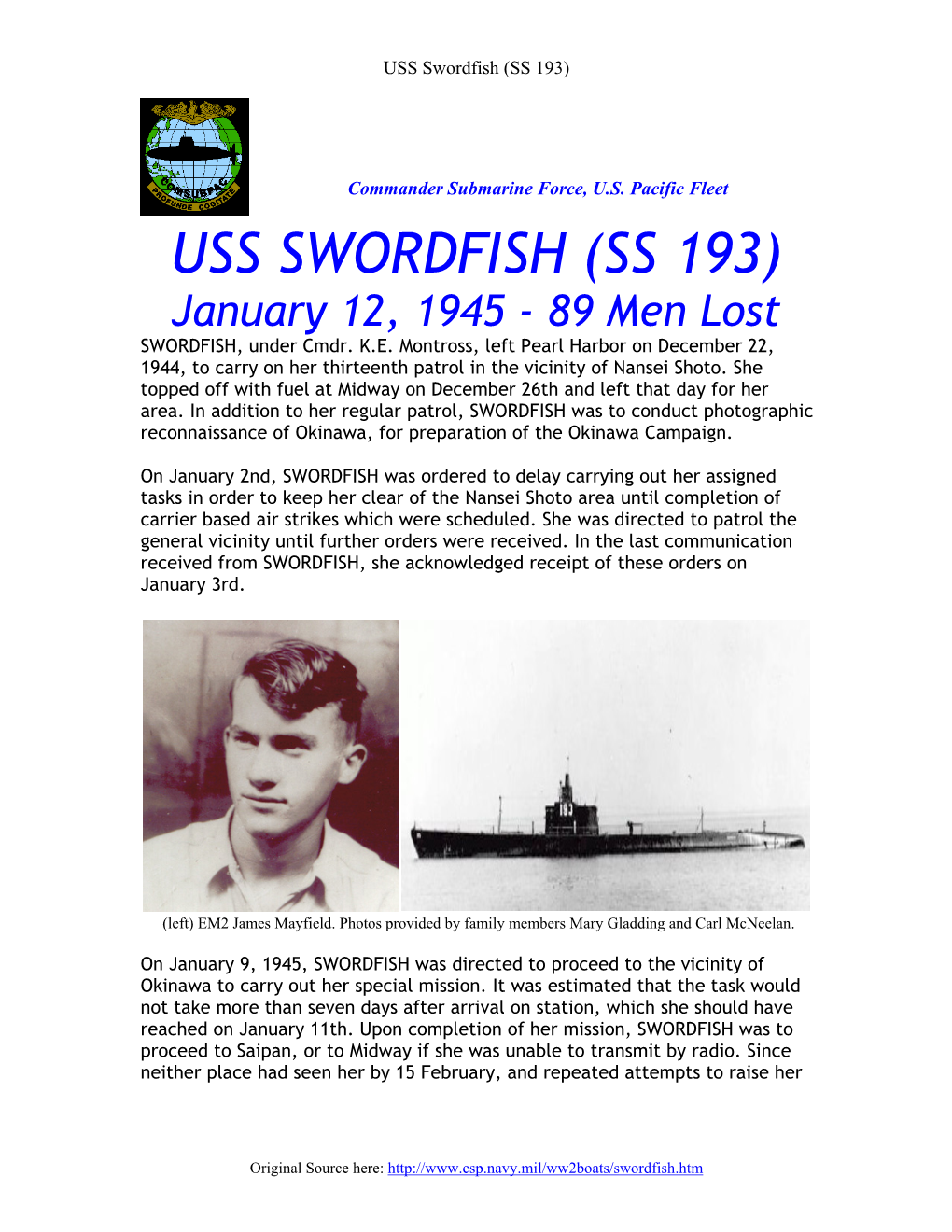 Comsubforpac USS SWORDFISH (SS 193)