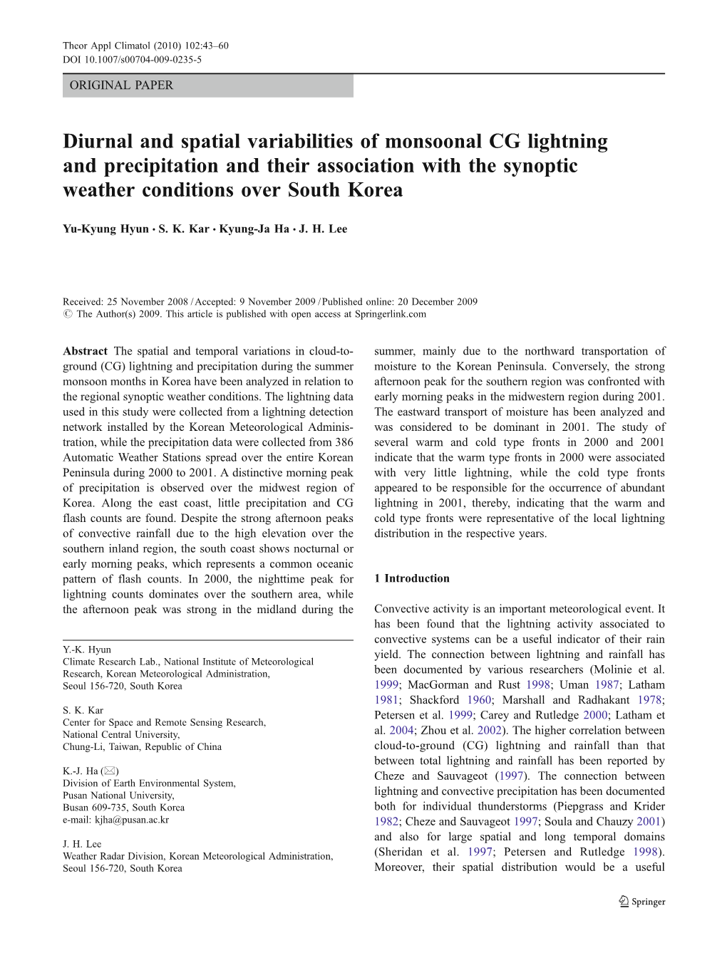 Diurnal and Spatial Variabilities of Monsoonal CG Lightning and Precipitation and Their Association with the Synoptic Weather Conditions Over South Korea