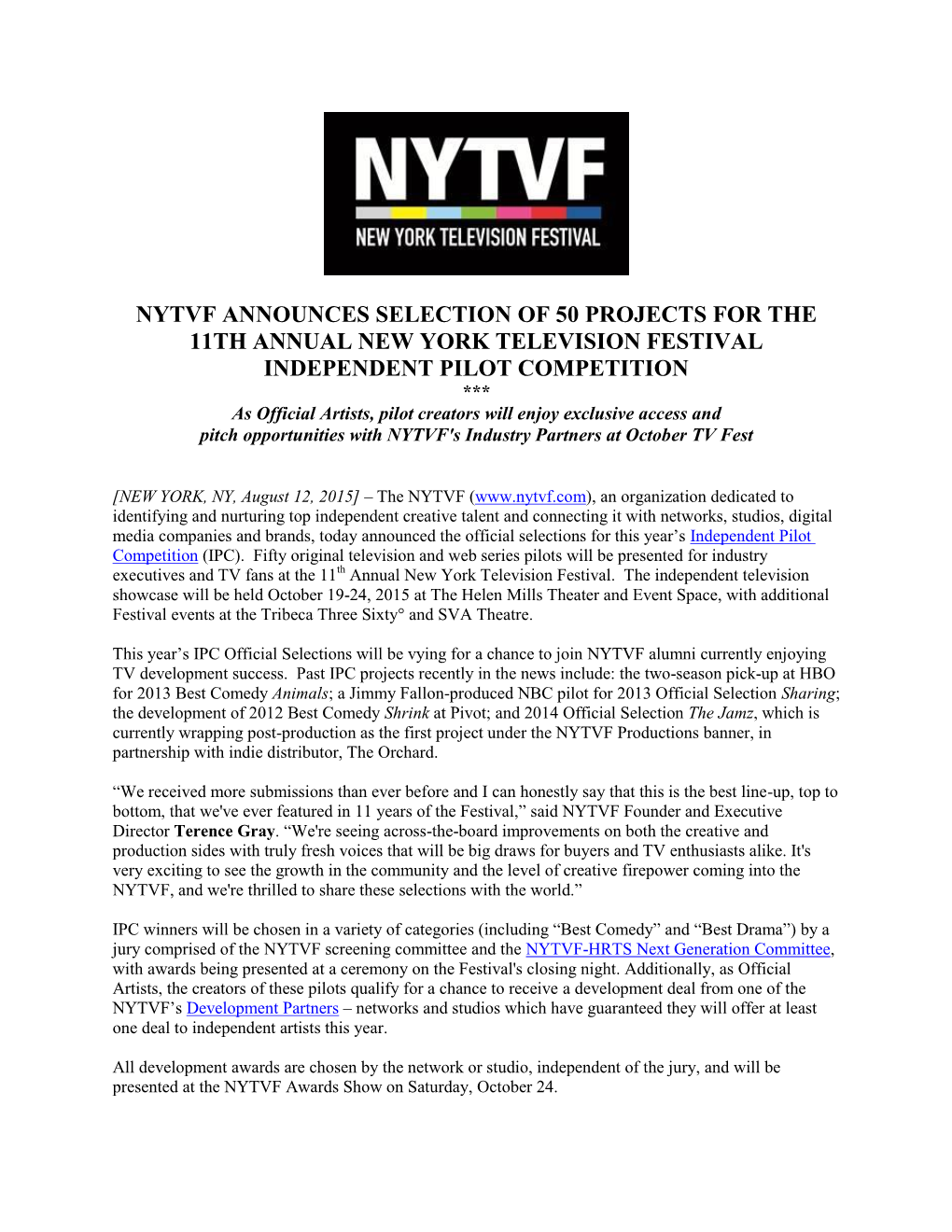 Nytvf Announces Selection of 50 Projects for the 11Th