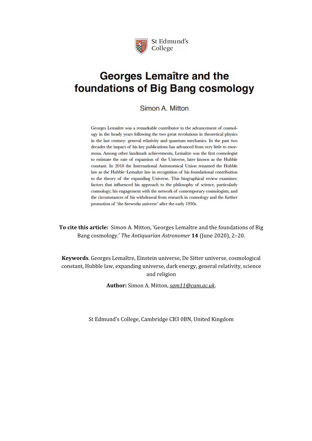 Georges Lemaître and the Foundations of Big Bang Cosmology.’ the Antiquarian Astronomer 14 (June 2020), 2–20