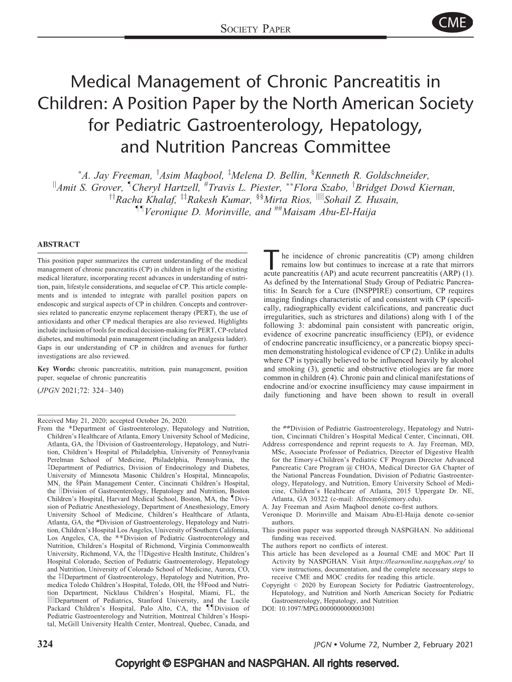 Medical Management of Chronic Pancreatitis in Children: a Position Paper by the North American Society for Pediatric Gastroenter