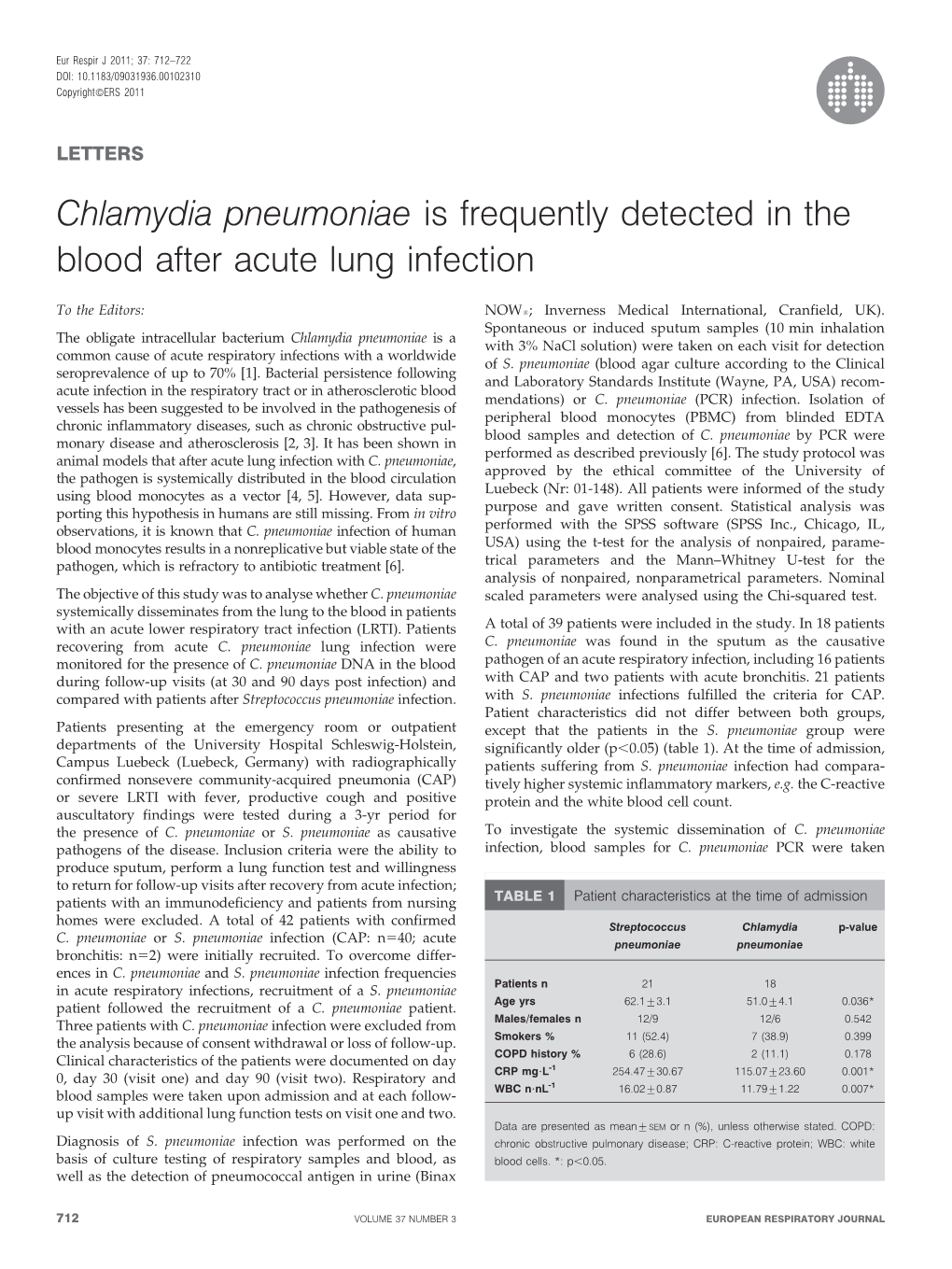 Chlamydia Pneumoniae Is Frequently Detected in the Blood After Acute Lung Infection