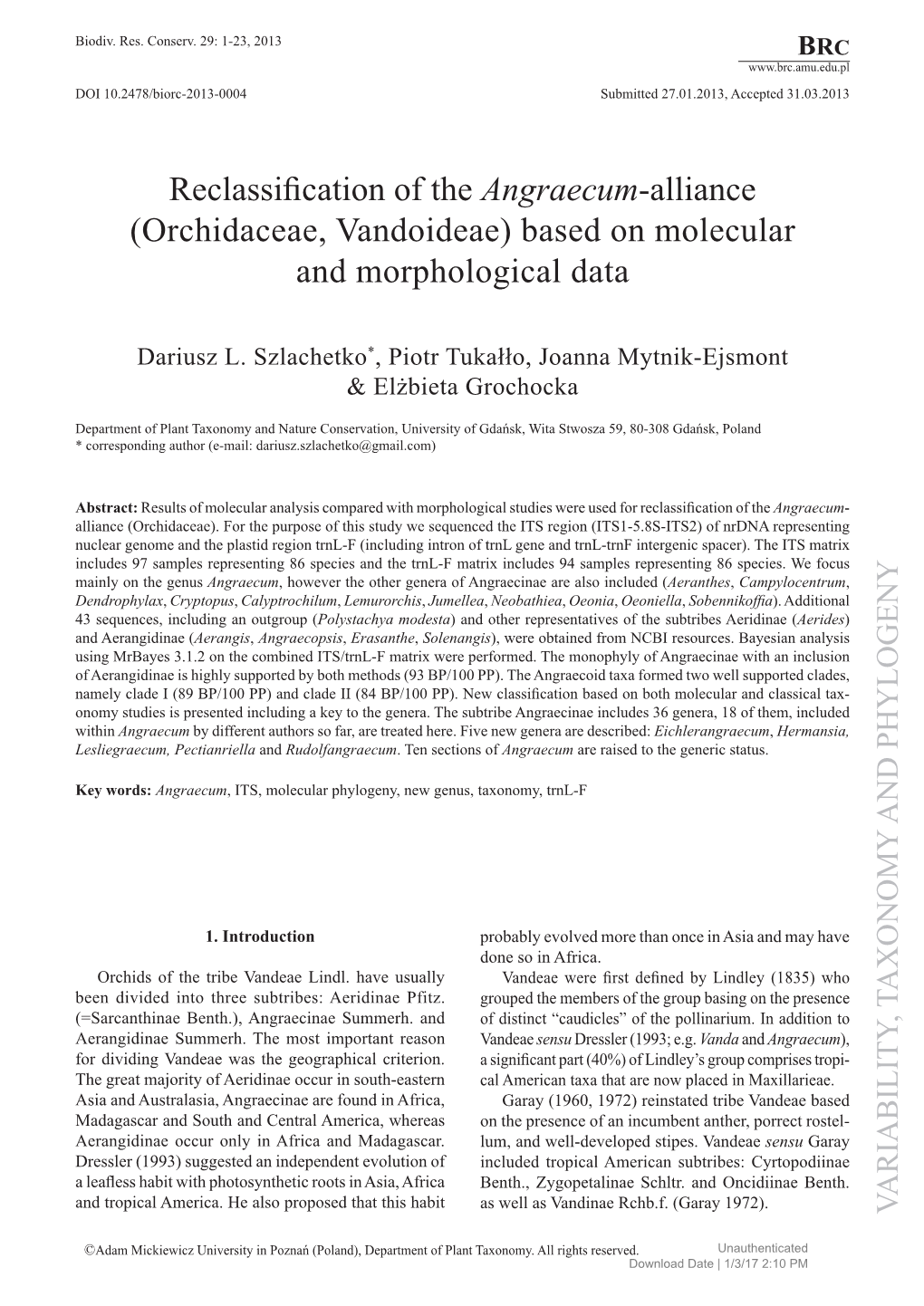 Reclassification of the Angraecum-Alliance(Orchidaceae, Vandoideae) Based