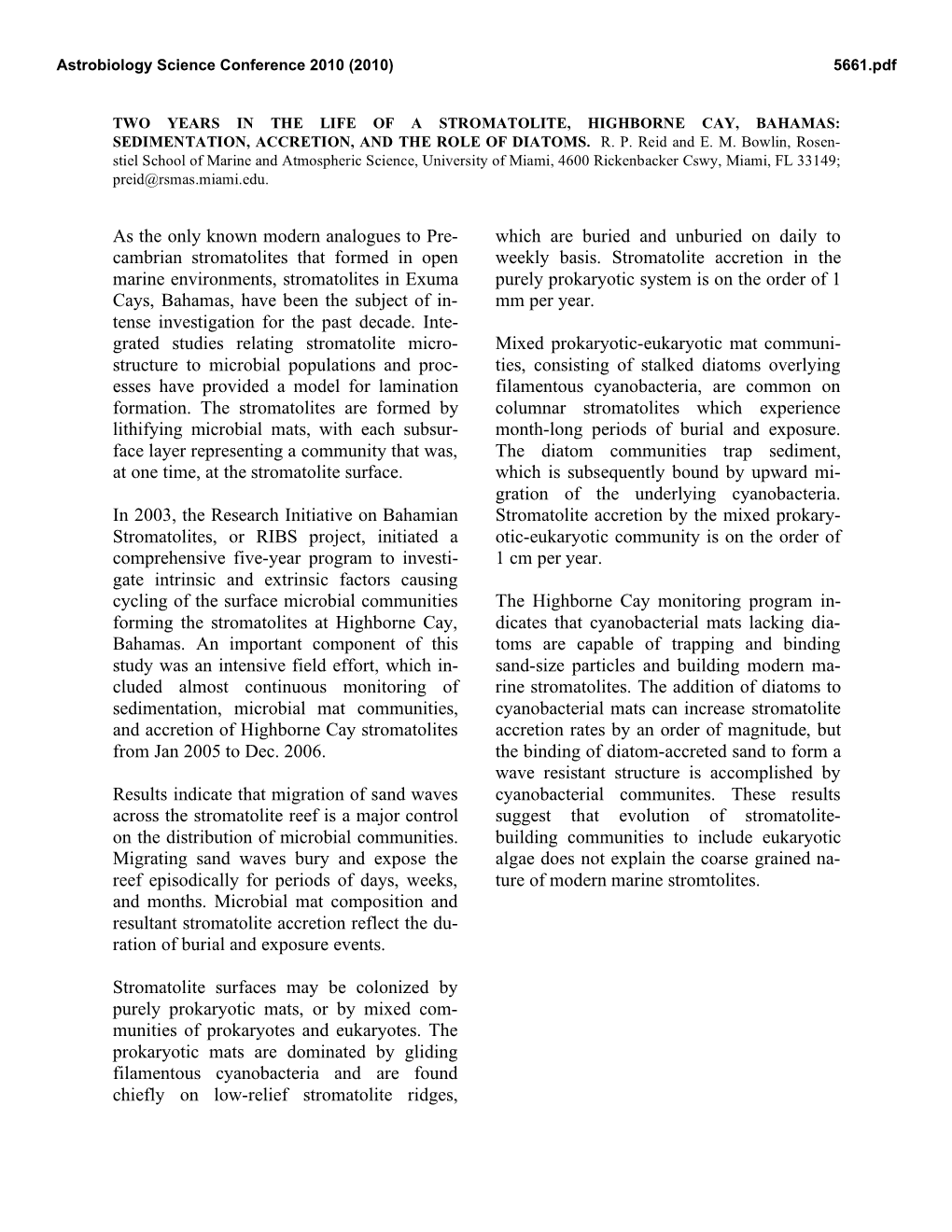 Two Years in the Life of a Stromatolite, Highborne Cay, Bahamas: Sedimentation, Accretion, and the Role of Diatoms