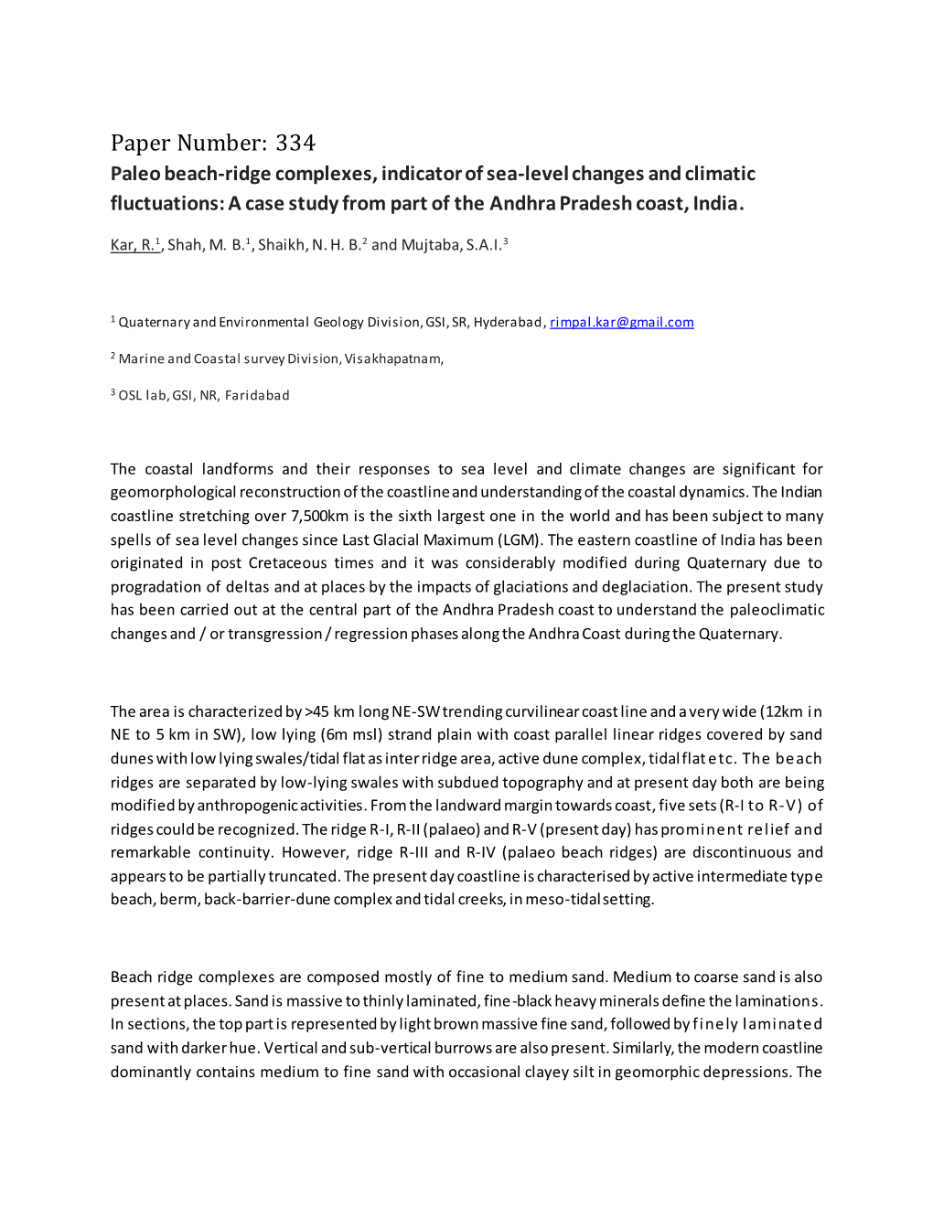 Paper Number: 334 Paleo Beach-Ridge Complexes, Indicator of Sea-Level Changes and Climatic Fluctuations: a Case Study from Part of the Andhra Pradesh Coast, India