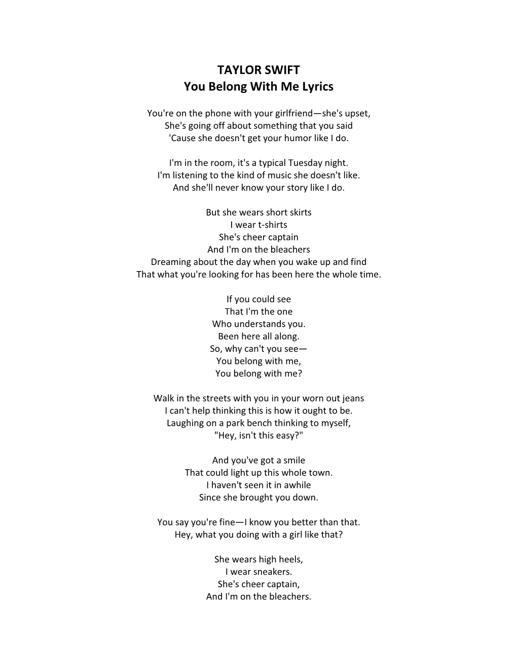 TAYLOR SWIFT You Belong with Me Lyrics