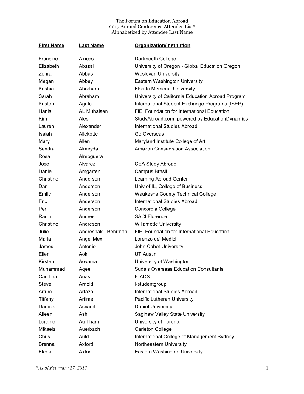 The Forum on Education Abroad 2017 Annual Conference Attendee List* Alphabetized by Attendee Last Name