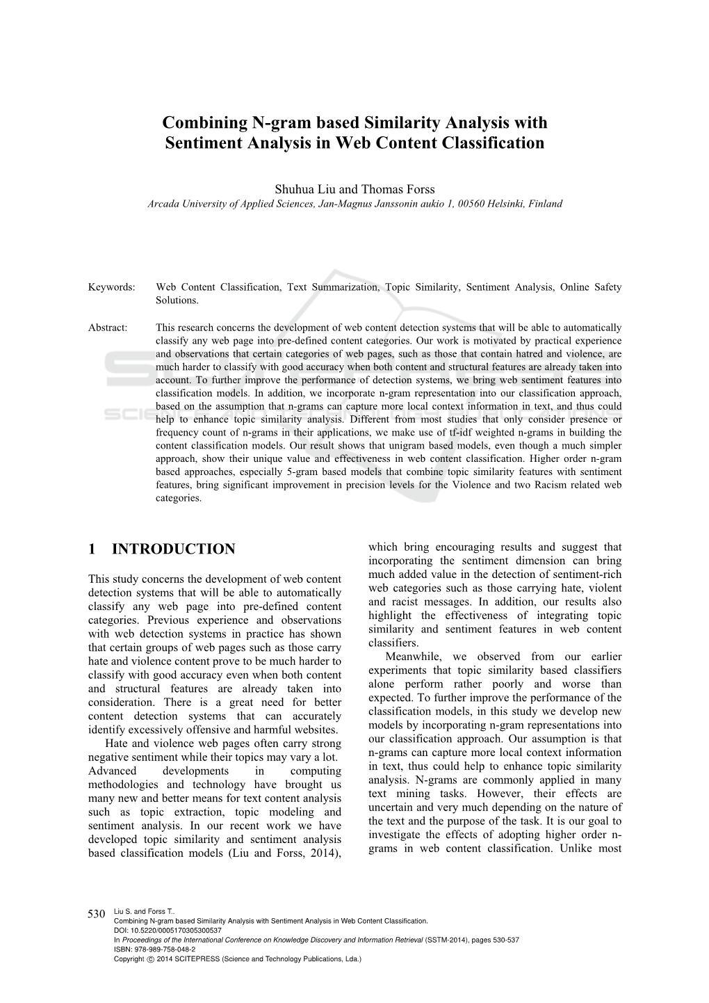 Combining N-Gram Based Similarity Analysis with Sentiment Analysis in Web Content Classification