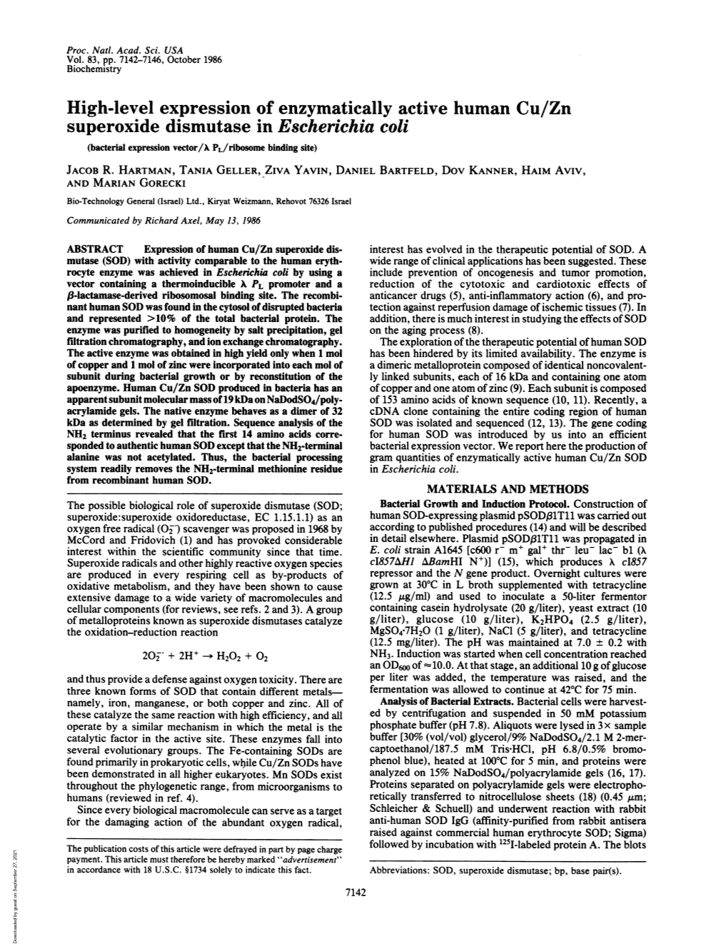 High-Level Expression of Enzymatically Active Human Cu/Zn Superoxide Dismutase in Escherichia Coli (Bacterial Expression Vector/A PL/Ribosome Binding Site) JACOB R