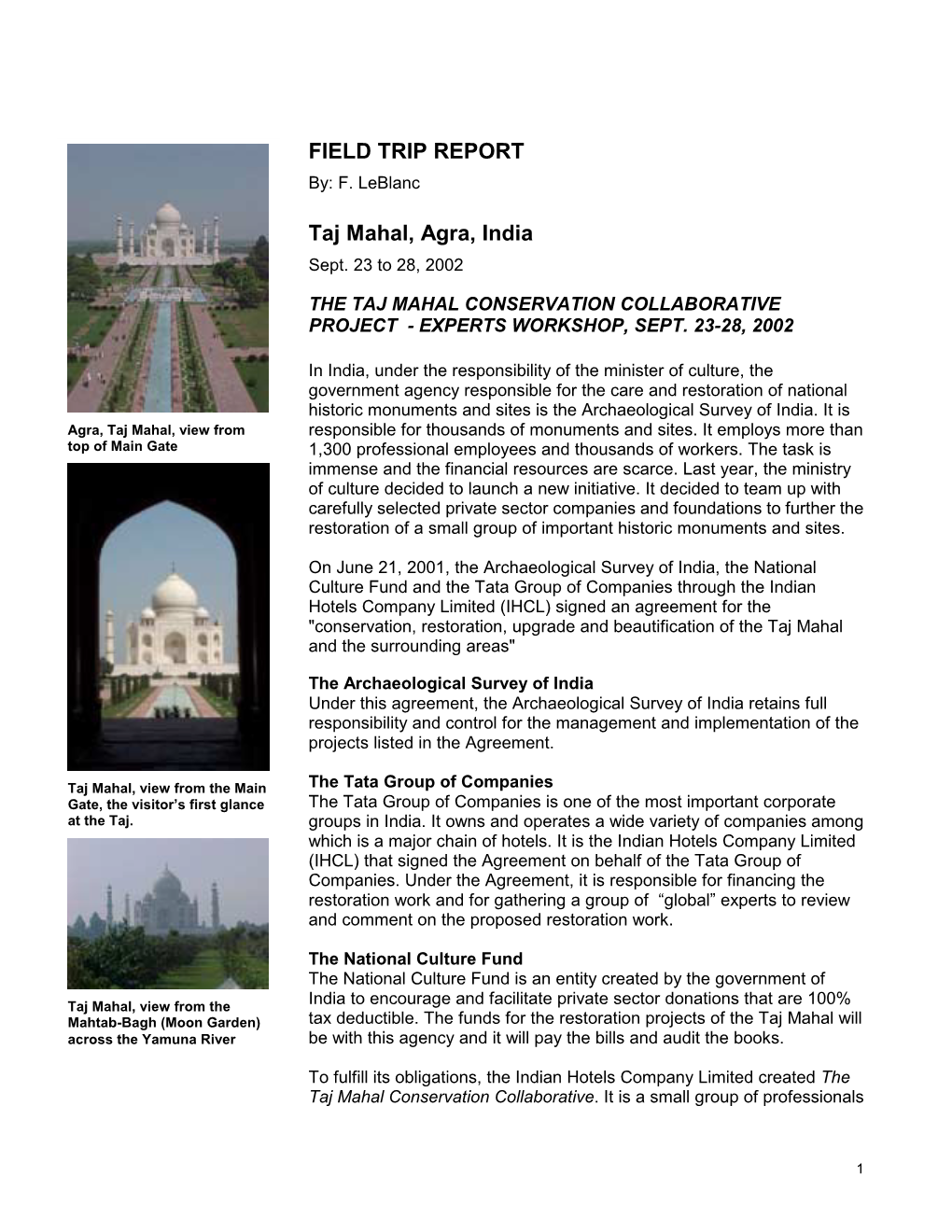 FIELD TRIP REPORT Taj Mahal, Agra, India