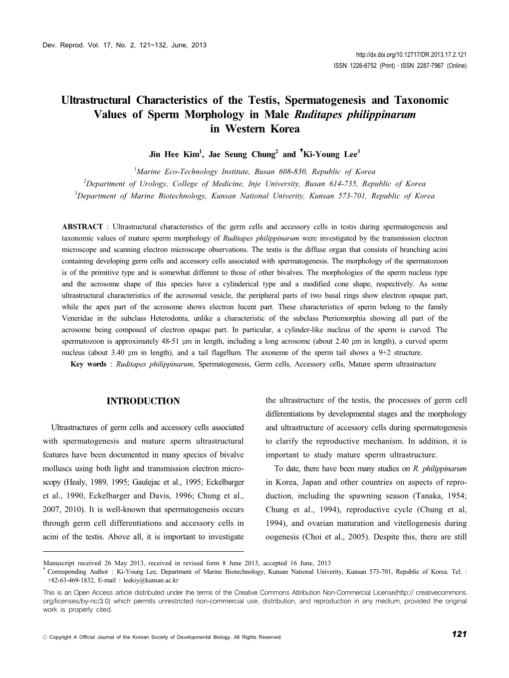 Ultrastructural Characteristics of the Testis, Spermatogenesis and Taxonomic Values of Sperm Morphology in Male Ruditapes Philippinarum in Western Korea